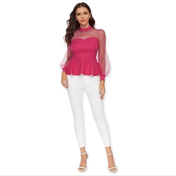 NWT Romwe Women's Mesh Long Sleeve Mock Neck Ruffle Hem Slim Fit Peplum Blouse - Picture 6 of 6